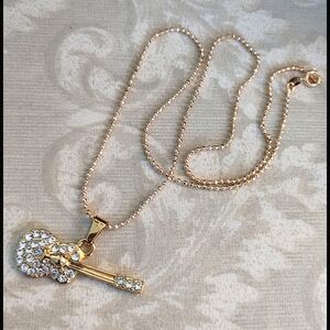 Crystal Guitar Pendant on Chain Necklace Gold Plated Steel New